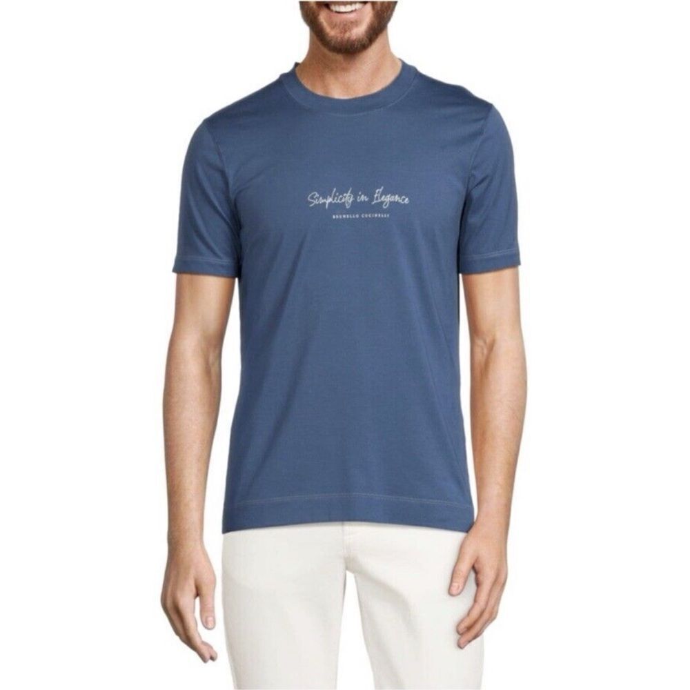 Brunello Cucinelli Men Simplicity In Elegance Logo Blue Tshirt Size M $590